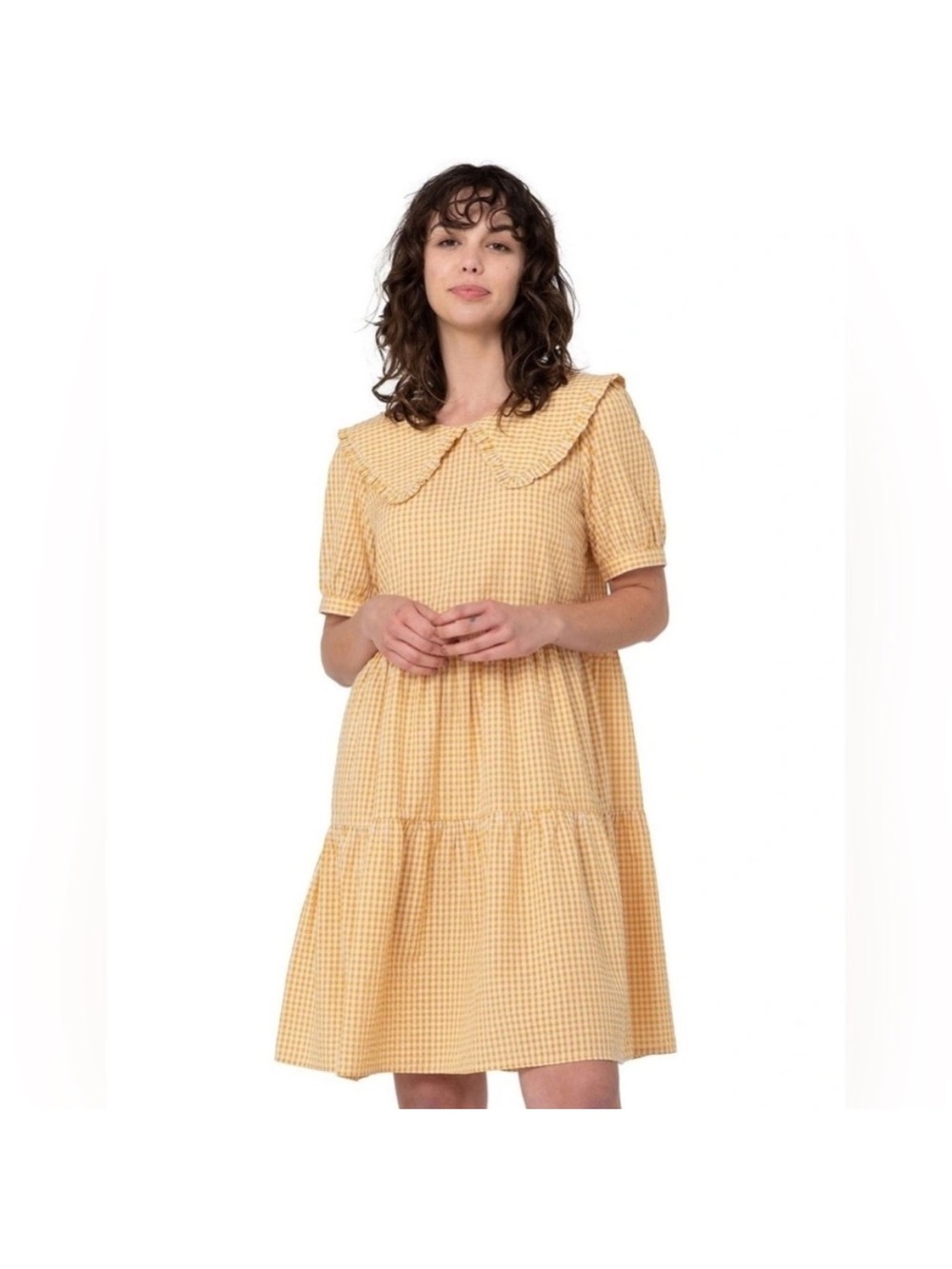 Princess Highway Yellow butter Gingham Tiered Dress with Peter Pan Collar 8